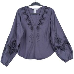 H&M LOGG Womens 4 Purple Gray Cotton Eyelet‎ Embroidered Blouse